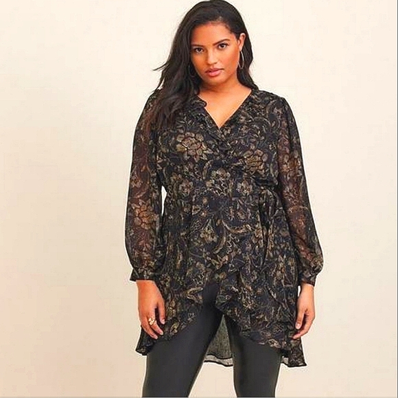 🏷️TORRID Chiffon Layered Tie Front Surplice Tunic Black Floral Blouse Size 1X - Picture 1 of 15